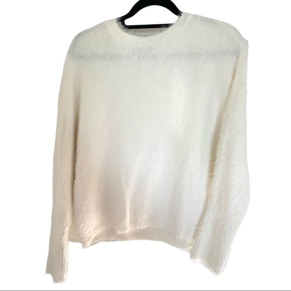 White bat arm loose fit long sleeve soft fuzzy mohair crew neck pullover sweater - Picture 7 of 7